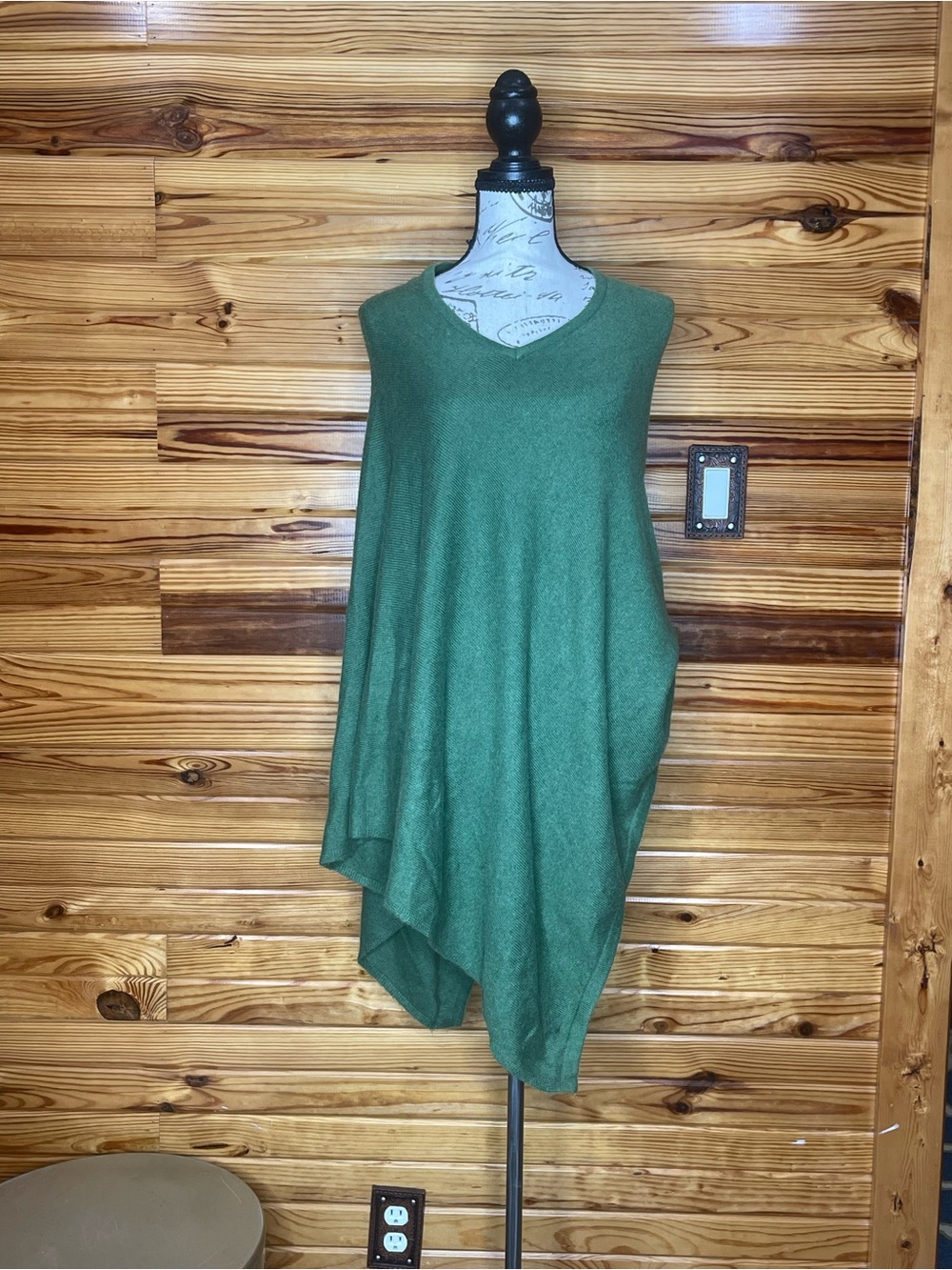 Cashmere Green Asymmetrical V-Neck Poncho Sweater